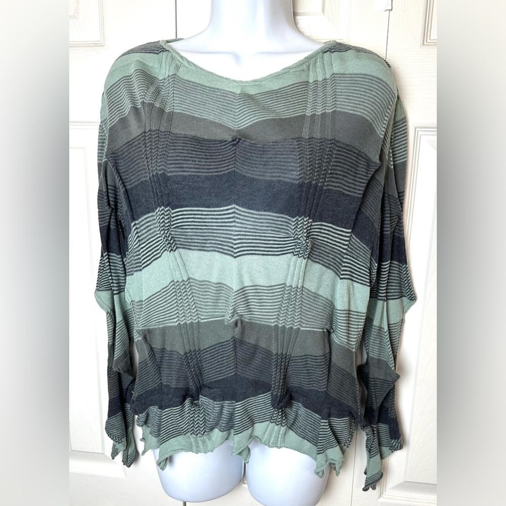 OSKA Sweater Wool Blends Knit Pullover Sage Green Gray Striped Lightweight Boho